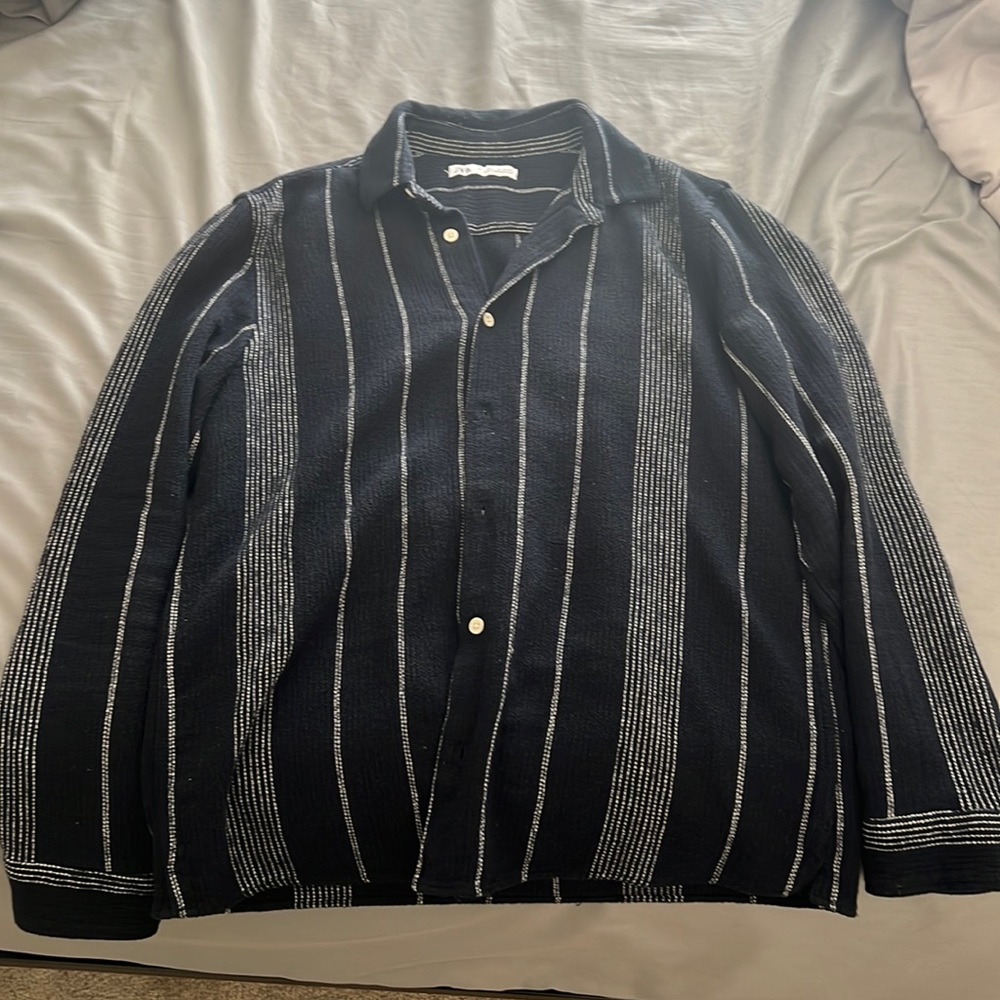 Zara blue and White Striped Casual Button Down Shirt